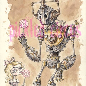 May include: A watercolor illustration of a steampunk robot holding a pink lollipop and a girl with a pink eye patch and a pink bow in her hair holding a pink lollipop.