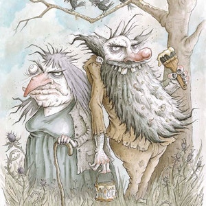 以下が含まれることがあります： 水彩画で描かれた、男性と女性の2人の漫画キャラクターが、野原を歩いている様子。男性は白い長いあごひげを生やし、筆と青い塗料の缶を持っている。女性は長い鼻をしていて、杖を持っている。背景には鳥がいる。