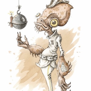 May include: A watercolor illustration of a brown alien wearing a white uniform with a yellow stripe down the leg and a brown pirate hat with a Rebel Alliance symbol. The alien has a large head, two large eyes, and a long, thin body. The alien is holding a Death Star with a lit fuse attached to it.