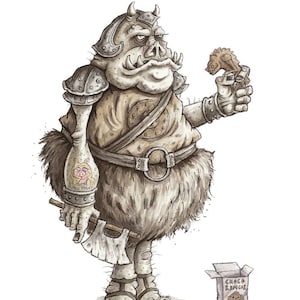 May include: A cartoon illustration of a furry, armored creature holding a chocolate bar and a small axe. The creature is wearing a brown shirt with a clock design and has a tattoo of a pig on its arm. The creature is standing next to an open box of chocolate bars labeled "Choco Ranger".