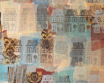Victorian Houses Mixed Media Painting, Abstract Neighborhood Art