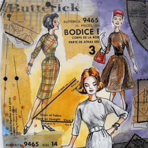 Sewing pattern collage, vintage fifties fashion illustrations, original mixed media, watercolour, pen and ink, vintage Butterick pattern
