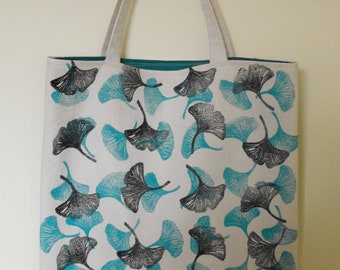 Canvas Grocery/Shopping/Market/Book bag, Hand Printed ginkgo leaf design, hand sewn upcycled canvas, eco friendly, large lined tote