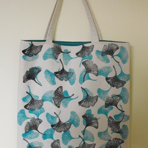 Canvas Grocery/Shopping/Market/Book bag, Hand Printed ginkgo leaf design, hand sewn upcycled canvas, eco friendly, large lined tote