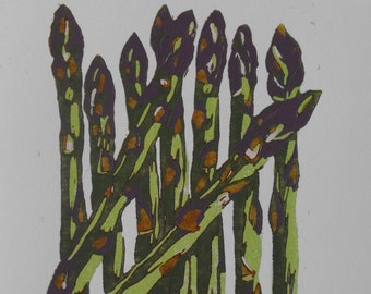 Asparagus art, fruit and vegetable kitchen décor, original linocut colour reduction printmaking, limited edition linoprint, blockprint