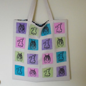 Canvas Grocery/Shopping/Market/Book bag, hand printed cute bunny rabbit design, Upcycled canvas tote, ecofriendly, hand sewn large lined bag