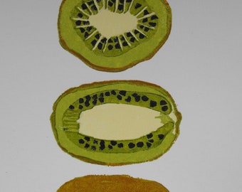 Kiwi Fruit print, fruit and vegetable kitchen décor, original linocut colour reduction printmaking, limited edition linoprint, blockprint