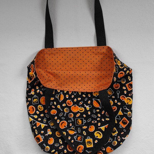 Halloween Trick or Treat tote bag, Pumpkin Party, reversible, washable, reusable medium size Fabric bag, Eco friendly, hand sewn bags