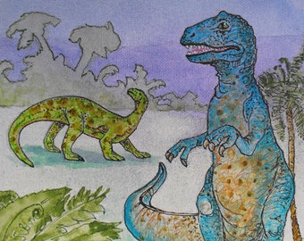Dinosaur wall art,T-Rex Tyrannosaurus, Anatosaurus illustrations for kids room decor. Jurassic original art in acrylic inks on canvas board.