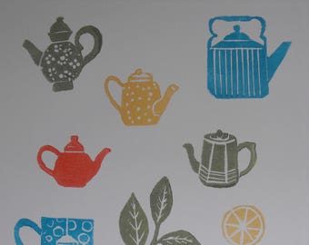 I’m a little teapot, linocut block print, Teapots, Tea time, original 4 colour block print, hand carved rubber stamps, modern kitchen decor