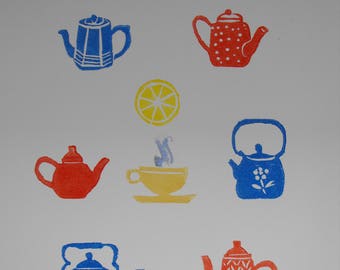 Original Teapot Block Print, Kitchen Art, Tea Time Decor