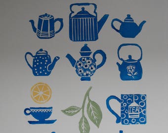 Bright blue teapots, modern kitchen décor, original linocut block print, hand carved stamp linoprint, I'm a little teapot, tea time