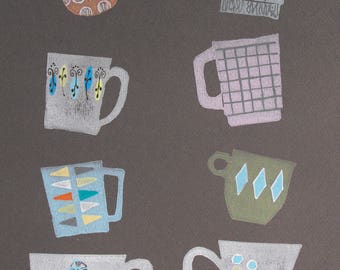 Mid Century Modern Cups Art, Original Linoprint Kitchen Decor