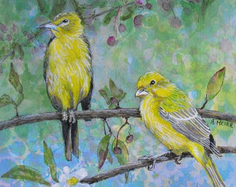 Original bird art. Yellow birds, Canary and Goldfinch sitting on apple blossom branch, painted on stretched canvas with acrylic inks