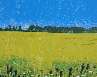 May include: A textured print depicting a landscape with a bright blue sky above a horizontal band of dark green trees. Below the trees lies a large, solid yellow field, with a foreground of dark green grasses and small white flowers.