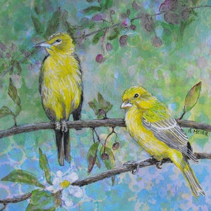 May include: A watercolor painting of two yellow birds perched on a branch with green leaves and pink flowers. The background is a soft blue and green watercolor wash.