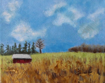 May Fields, southwest Ontario original spring landscape, impressionist style, oil on stretched canvas, winter corn, red barn, square format