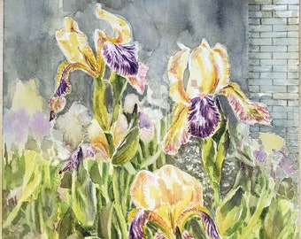 Purple and yellow Iris, original watercolour spring flower landscape painting, impressionist style, perennial garden