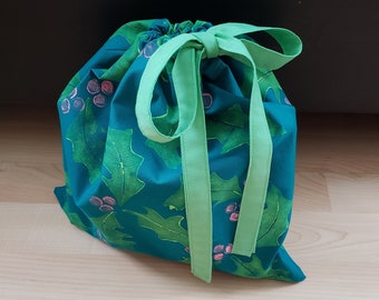 Holly Fabric gift bag, hand printed design, reusable bag, hand sewn Christmas/Holiday theme cotton drawstring bag, Eco friendly, hand sewn