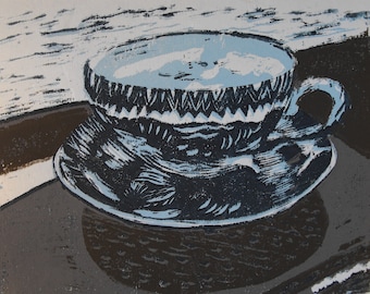 Original 5 colour linocut block print on thin white printmaking paper, relief print, still life, 5 X 7, Japanese blue dragon Teacup