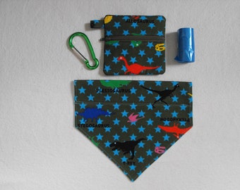 Dinosaurs Dog Walk Pouch, Hand Sewn Cotton Lined Front Zipper Pouch,Slide Over Collar Dog Bandana,Stuff Storage,perfect gift,Dog treat Pouch
