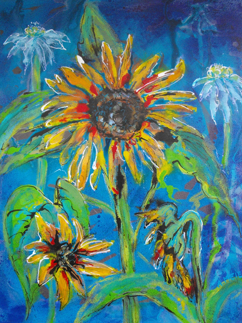 May include: A painting of sunflowers and other flowers in shades of yellow, red, blue, and green against a blue background.