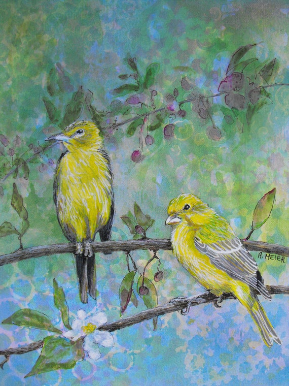 Original bird art. Yellow birds, Canary and Goldfinch sitting on apple blossom branch, painted on stretched canvas with acrylic inks