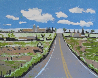 Spring Road to Guelph Ontario, original 8 colour reduction linocut block print, modern landscape, blue sky, fluffy clouds, green farmland