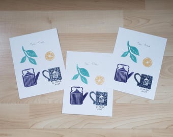 Tea Time Block Print, Kitchen Decor, Linocut Printmaking