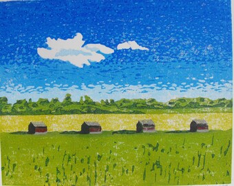 Rustic Tobacco Barns near Ayr, Southern Ontario, original linocut block print, colour reduction, summer landscape, linoprint, signed edition