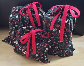 Rudolph/Frosty Reusable cloth gift bag, zero waste packaging, hand sewn, cotton drawstring bag, Santa sack