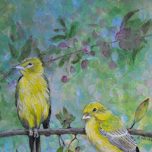 May include: Two yellow birds with black markings are perched on a branch of a tree with green leaves and purple berries. The background is a watercolor wash of blue and green.