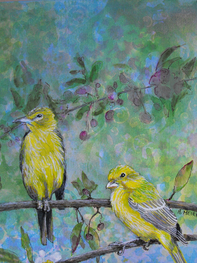 May include: Two yellow birds with black markings are perched on a branch of a tree with green leaves and purple berries. The background is a watercolor wash of blue and green.