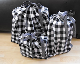 Black/White Plaid, All Occasion Reusable cloth gift bags, zero waste packaging, sewn fabric drawstring bags, Eco-friendly, hand sewn bags