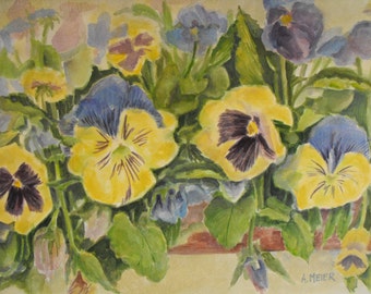 Spring pansy flower box, original watercolour botanical painting in an impressionist style, bring a little sunshine into any room