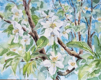 Apple Blossoms, original watercolour spring landscape painting, apple tree in bloom, home decor, botanical painting, impressionist style