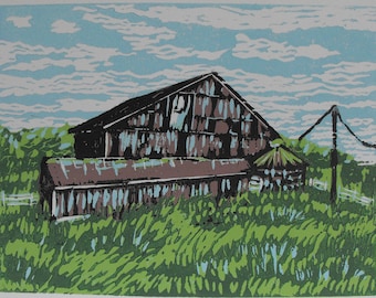 Rustic Red Barn near Guelph Ontario, original 5 colour reduction linocut block print signed limited edition, linoprint