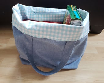 Blue denim Reusable Grocery/Shopping Market bag, reversible, washable fabric bag, Eco friendly, hand sewn large tote,inside zipper pocket