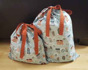 Snowy Village Cotton Drawstring Bag, Hand Sewn Zero Waste Gift Packaging, Santa sack