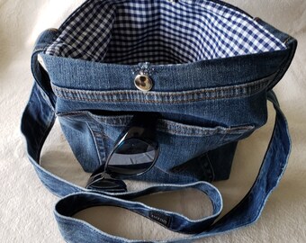 Small Denim Purse, Recycled Jeans  Shoulder/Cross body bag, washable, Eco friendly, hand sewn bag, snap closure, Blue gingham lining