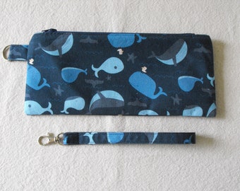 Whales Hand sewn Cotton Zipper Pouch, Soft pencil case, School Supplies, Stuff Storage, perfect gift, clutch bag, makeup pouch, wristlet
