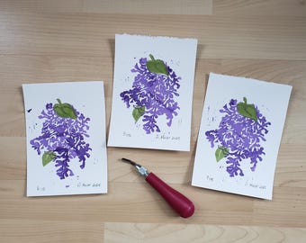 Lilac Floral Block Print, original linocut printmaking, purple floral linoprint, signed edition, hand printed