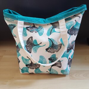Large Heavy Canvas Reusable Shopping/Grocery bag, Hand Printed ginkgo leaf design, hand sewn upcycled canvas, flat bottom bag