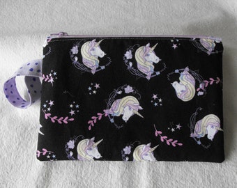 Hand sewn Cotton Lined Zipper Pouch, Stuff Storage, perfect gift, Unicorn, clutch bag, makeup pouch, baby stuff