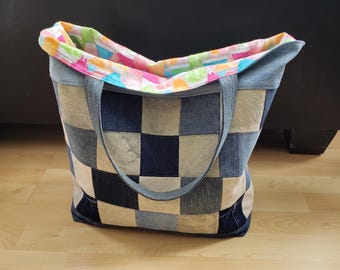 Patchwork Denim/Canvas Market Tote, Reversible Recycled Jeans Bag, zipper pocket