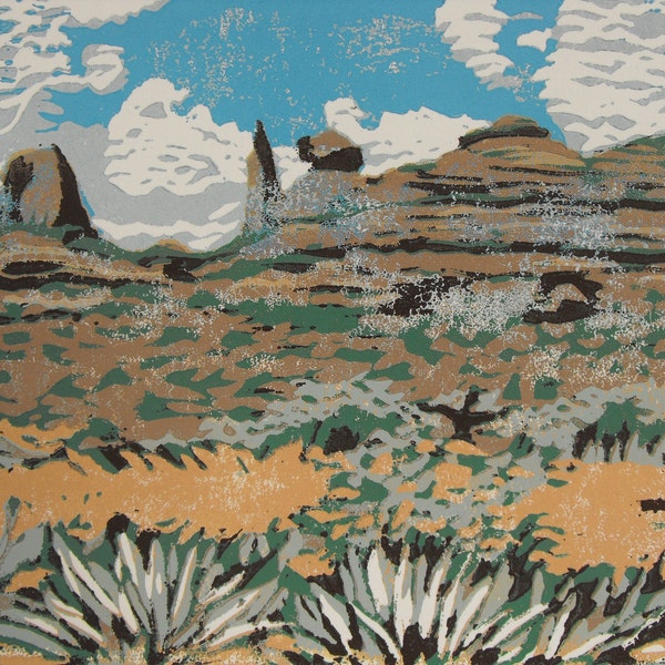 Arizona landscape, Southwest view, original  7 colour reduction linocut block print, linoprint, blue sky, sage green, rock formations