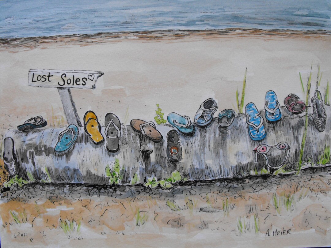 Beach Art, Lost Soles, Flip Flops, Original Watercolour Pen and Ink