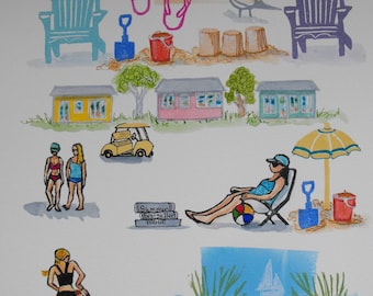 Original Linocut Print, Beach Cottage Scene, Lake Huron Art, Seagulls, Adirondack Chairs