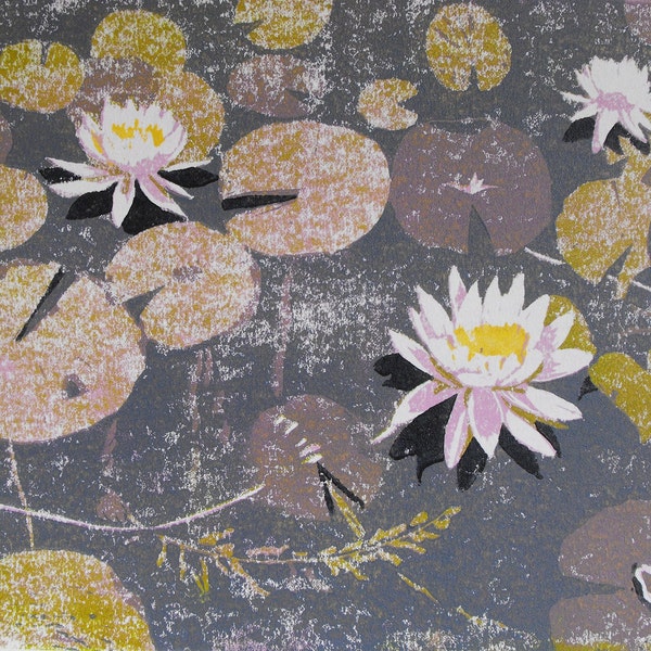 Pink water lilies, linocut block print, relief print, limited edition, 7 colour reduction printmaking, nature preserve Snyder's Flats