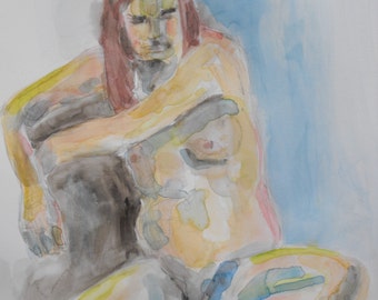 Original figure study, graphite, watercolour washes on paper, from live male model, 11 X 14, Figure 69